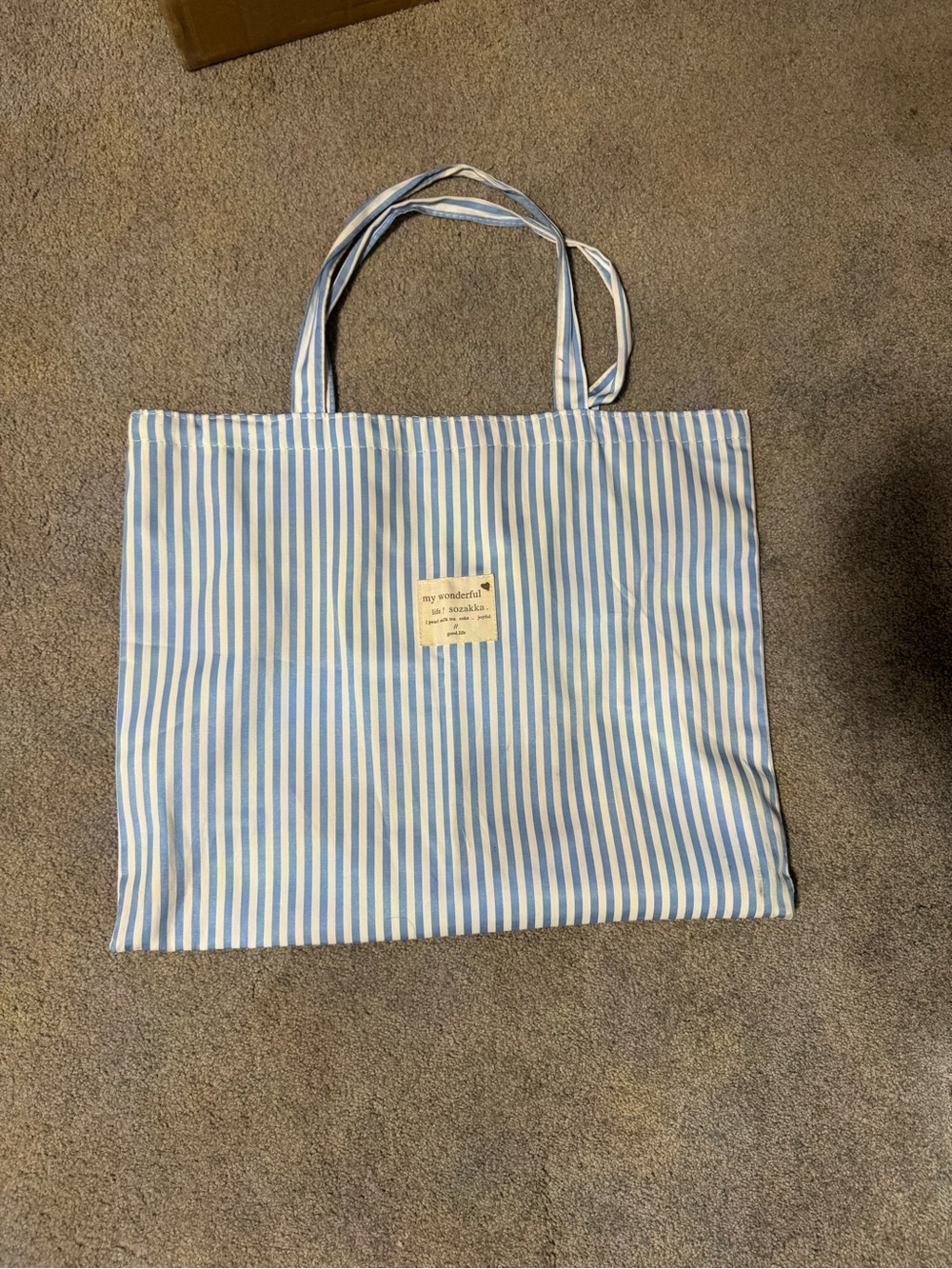 Striped Canvas Tote Bag in Light Blue and White with Patch Detail